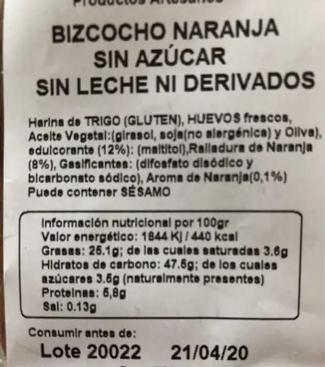 Bizcocho naranja sin azucar sin leche ni derivados nutrition facts table