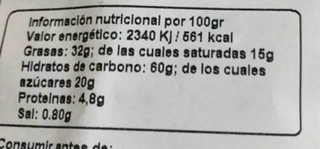Palmeras nutrition facts table
