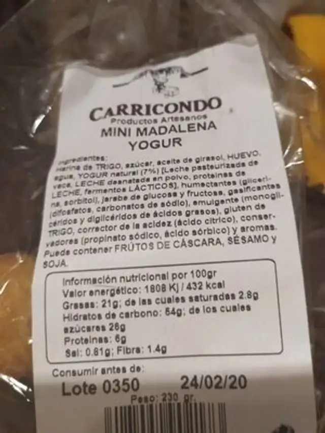 Carriondo mini madalenes yogurt nutrition facts table