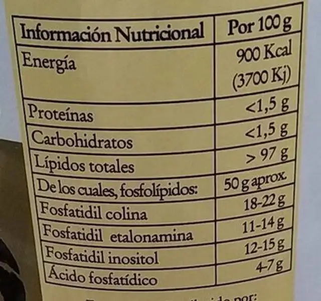Lecitina de soja nutrition facts table