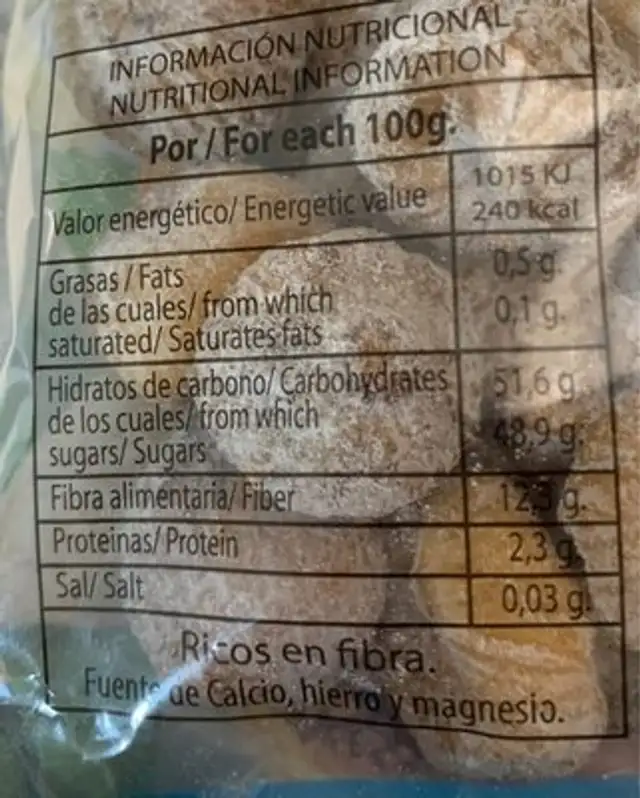 Higos Secos nutrition facts table