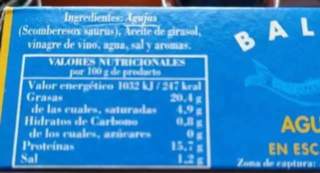 Agujas en escabeche nutrition facts table