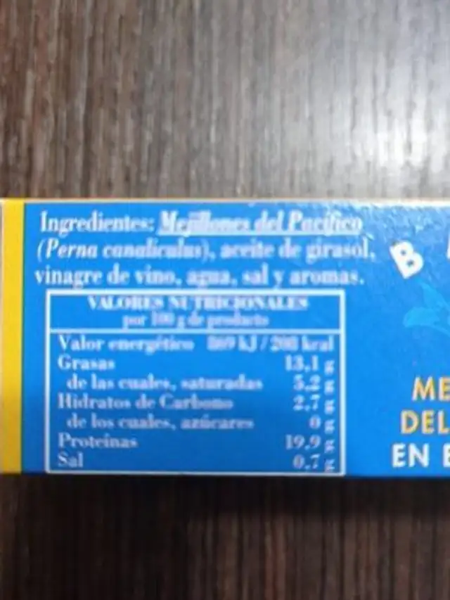 Mejillones en escabeche ingredients label