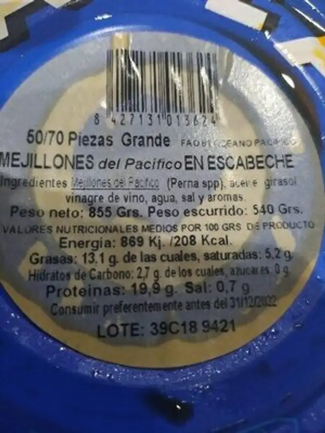 Mejillones del Pacífico en Escabeche ingredients label
