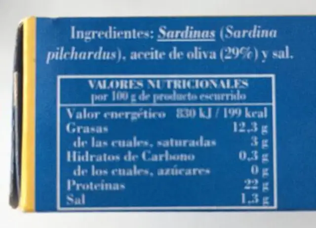 Sardinas (sardinillas)en aceite de oliva nutrition facts table