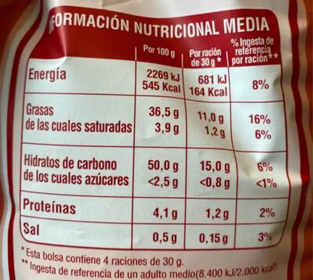 Papas fritas chips natural sabor original nutrition facts table