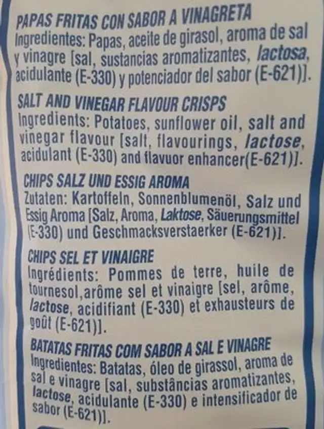 Papas fritas chips salt & vinegar ingredients label