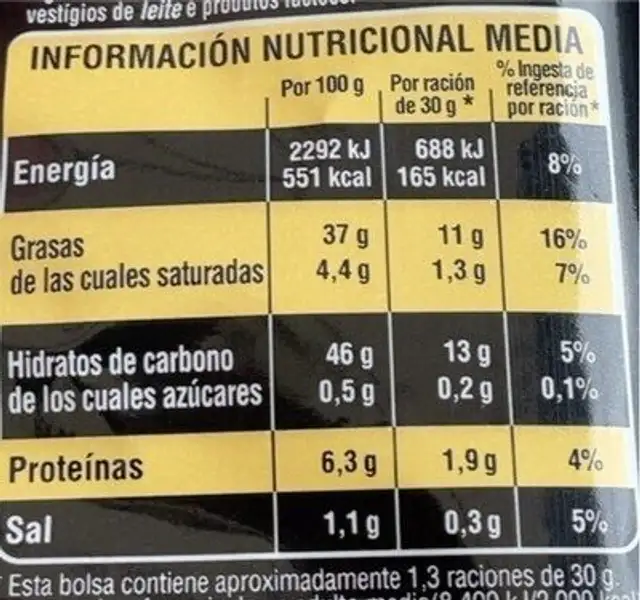 Selecta Exra Crujiente nutrition facts table