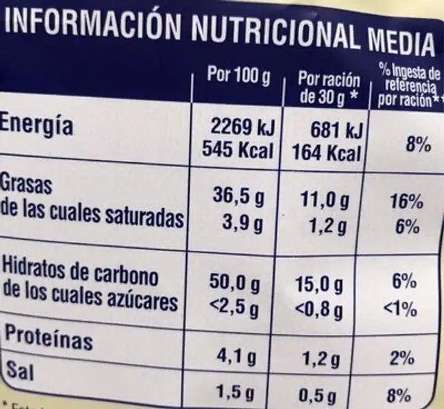 Onduladas chips nutrition facts table