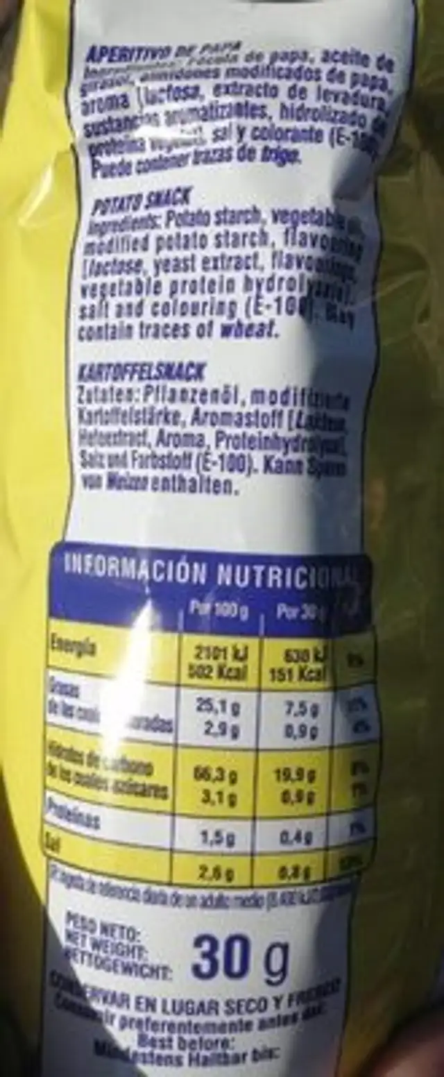 Palitos de papa nutrition facts table
