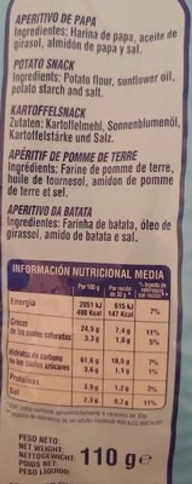 Chips light nutrition facts table