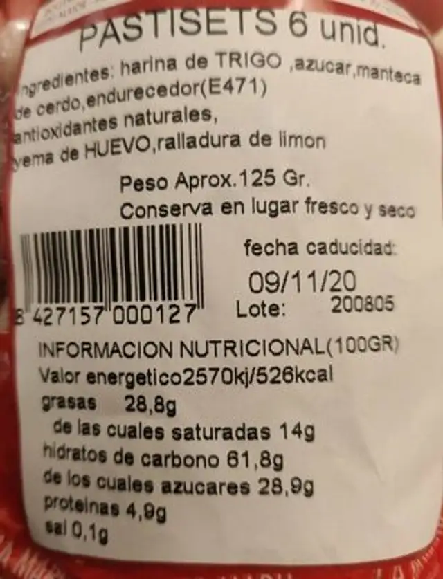 Pastisets nutrition facts table