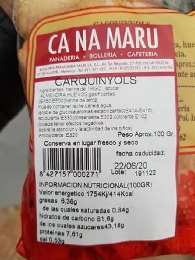 Unknown nutrition facts table