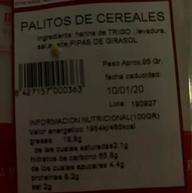 Palitos de cereales nutrition facts table