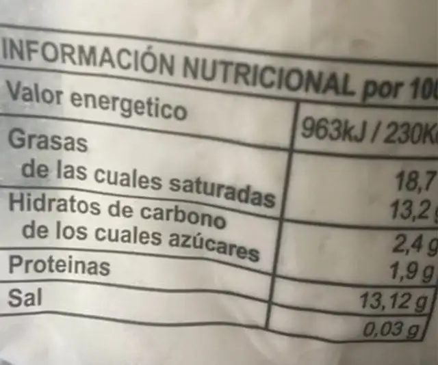 Queso fresco nutrition facts table