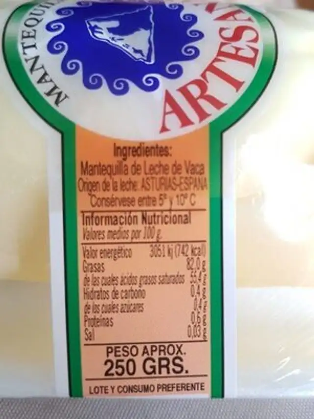 Mantequilla artesanal nutrition facts table