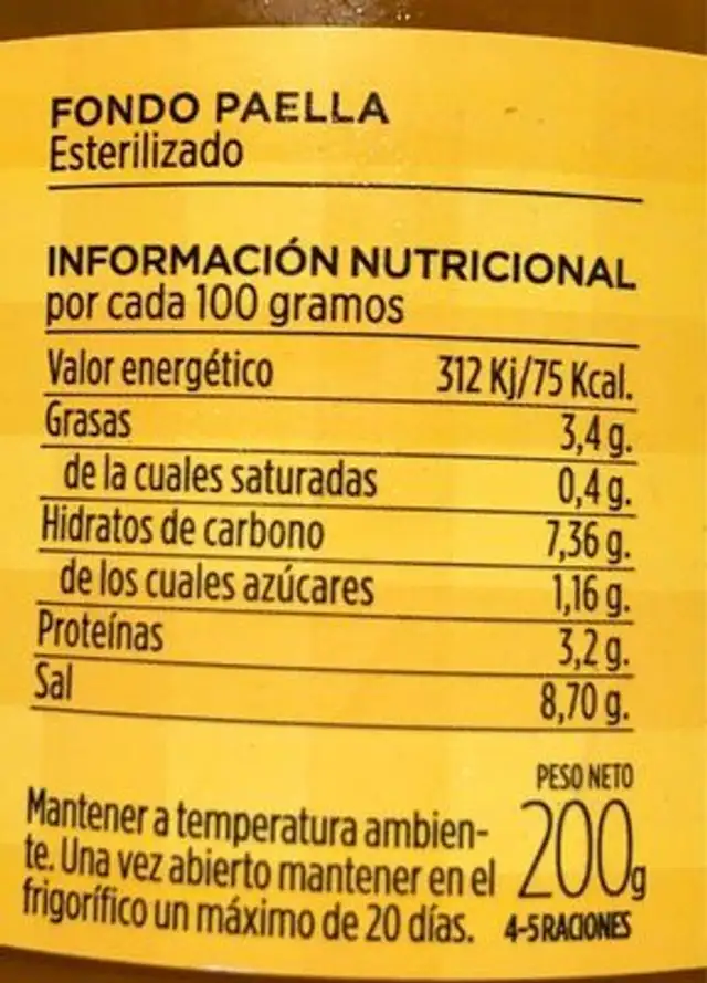 Fondo paella nutrition facts table
