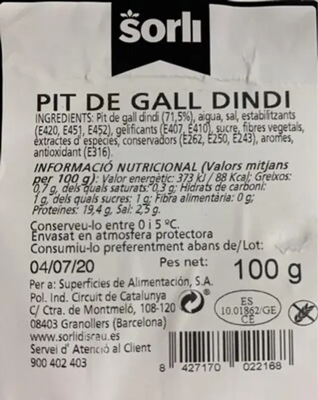 PIT DE GALL DINDI nutrition facts table