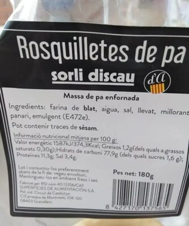 Rosquilles de pa Sorli discau nutrition facts table