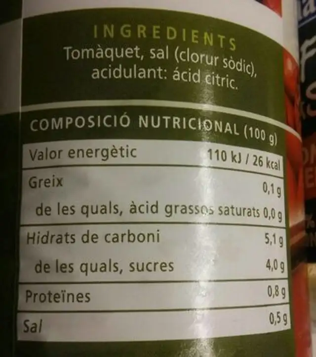 Tomate extra nutrition facts table