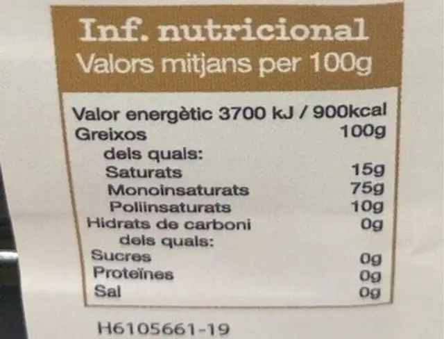 Oli d’Oliva verge nutrition facts table
