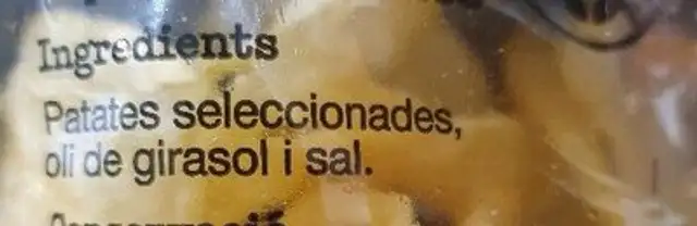 Patates artesanes fregides ingredients label