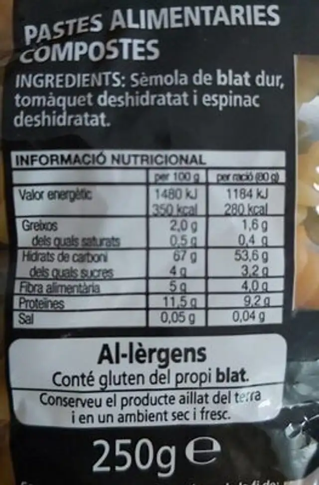 La Pasta nutrition facts table