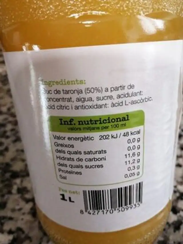 Nectar Taronja ingredients label