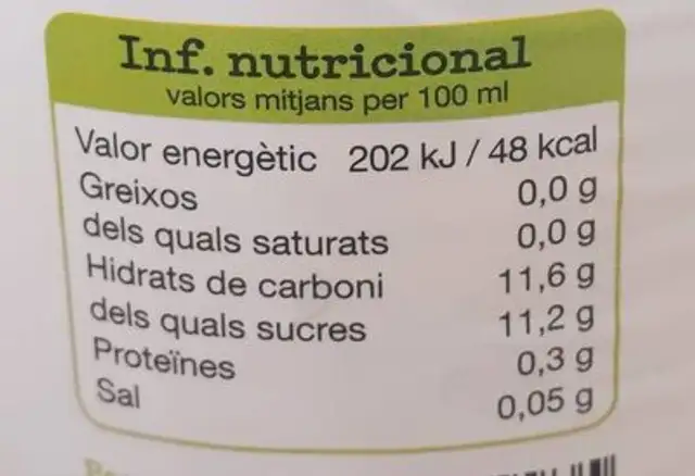 Nectar Taronja nutrition facts table