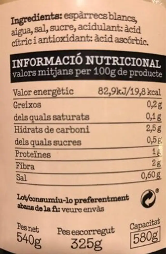 Espàrregs gruixuts nutrition facts table