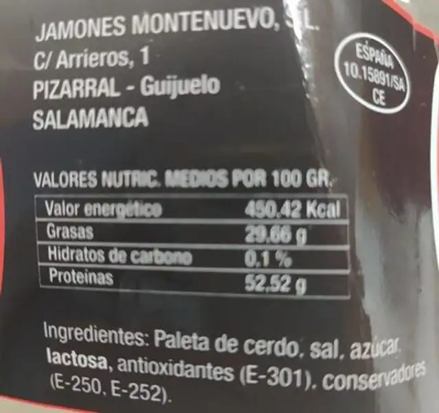 Don Julio, paleta de cebo iberica nutrition facts table