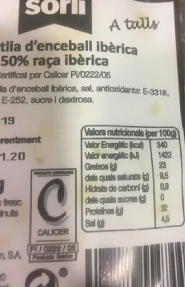 Espalda iberica nutrition facts table