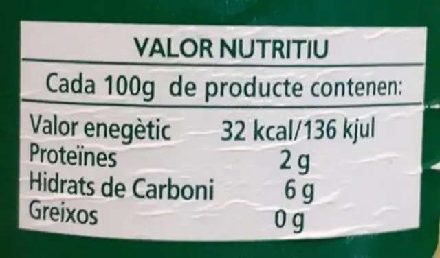 Cors de carxofa nutrition facts table