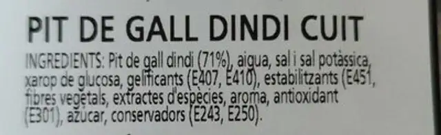 Pit de gall dindi cuit ingredients label