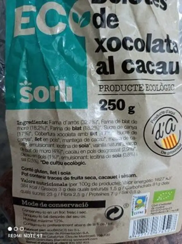 Boletes de xoco al cacau ingredients label