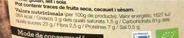Boletes de xoco al cacau nutrition facts table