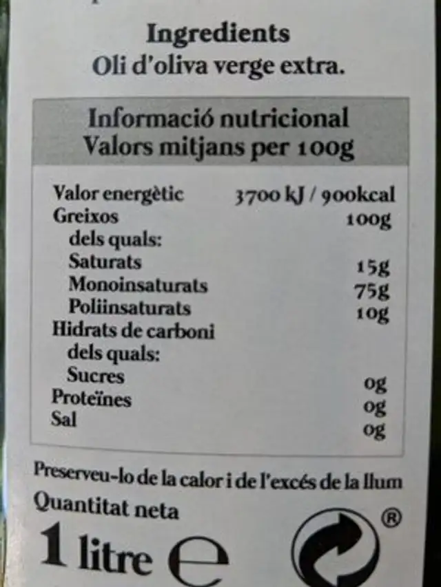 Oli d'Oliva Verge Extra nutrition facts table