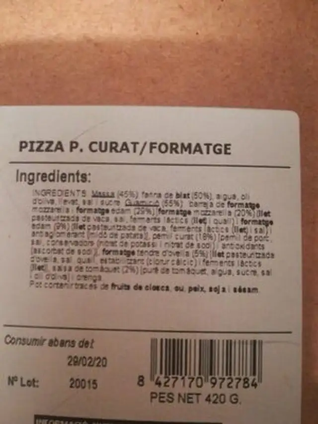La Bona Pizza ingredients label