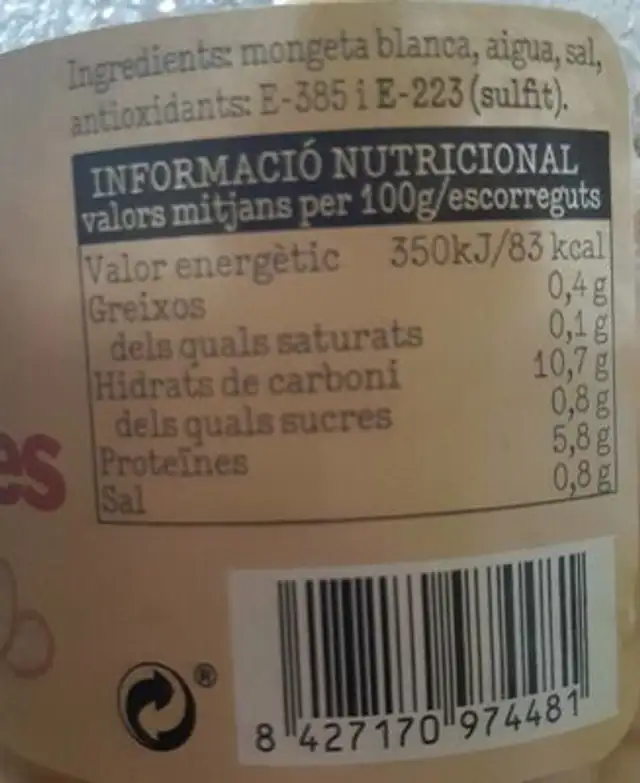Mongetes nutrition facts table