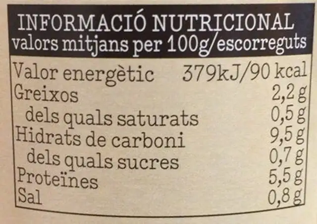 Garbanzos extra nutrition facts table