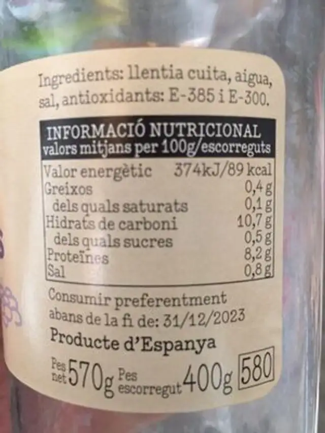 Llenties Extra nutrition facts table