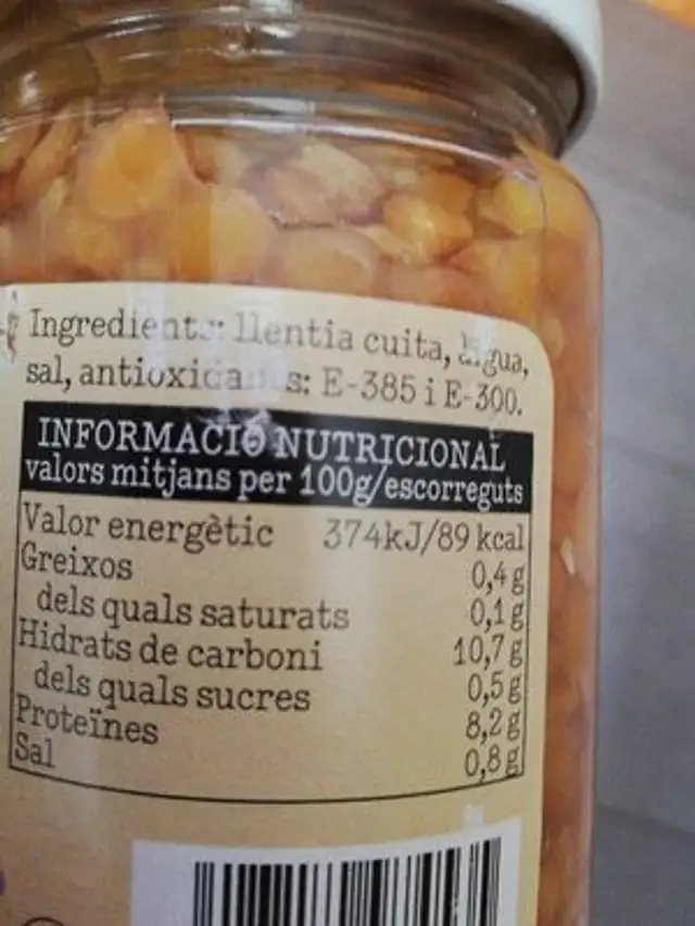 Llenties (lentejas) ingredients label