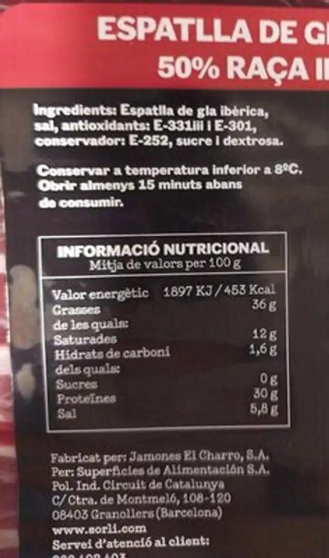 Palets de bellota ibérica nutrition facts table