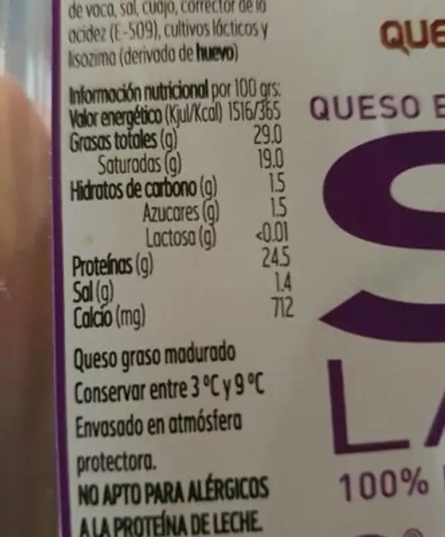 Queso elaborado con leche de vaca pasteurizada nutrition facts table