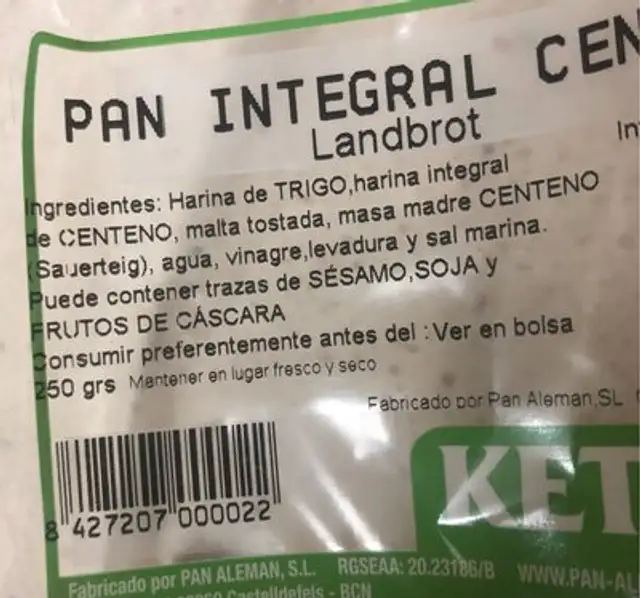 Pan integral centeno ingredients label