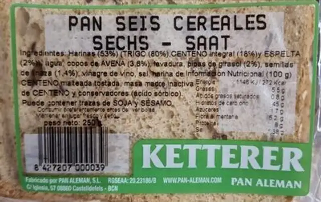 Pan seis cereales nutrition facts table