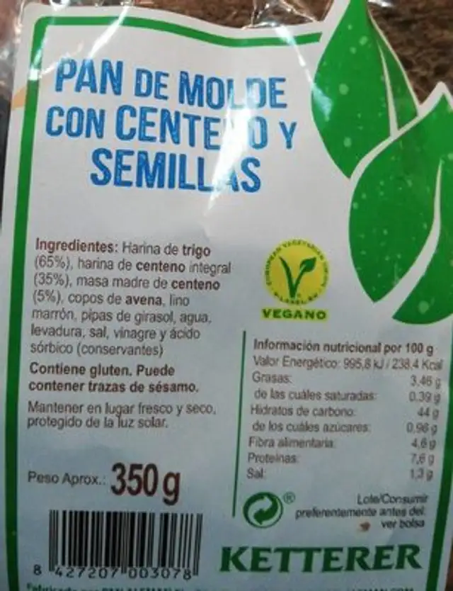 Pan de molde con centeno y semillas nutrition facts table