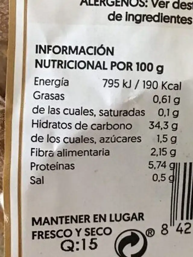 Unknown nutrition facts table