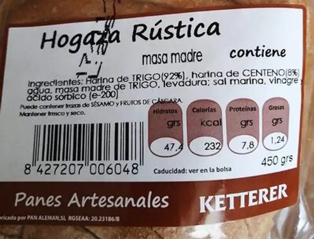 Hogaza rústica nutrition facts table