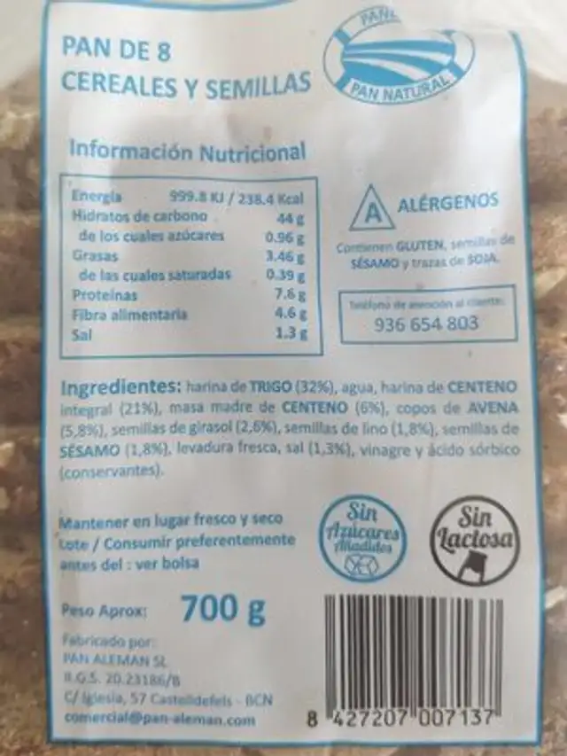 8 cereales y semillas nutrition facts table